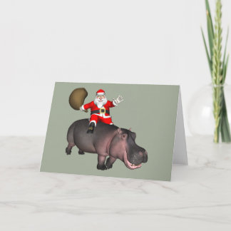 Santa Riding On Hippo Holiday Card