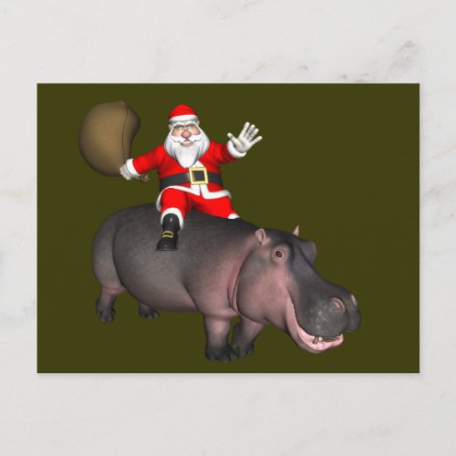 Santa Riding On Hippo Holiday Postcard