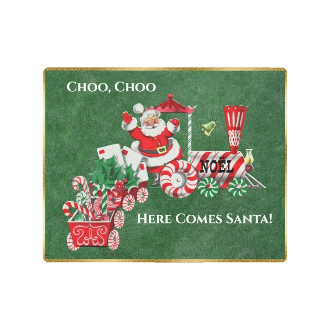 Santa Riding Peppermint Candy Train Candy Canes Metal Print (Front)