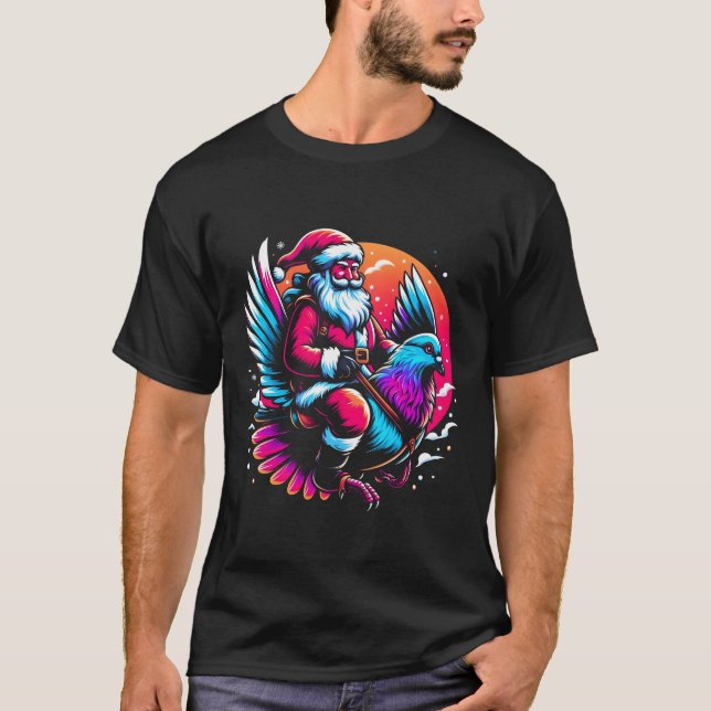 Santa Riding Pigeon Christmas theme colors design T-Shirt (Front)