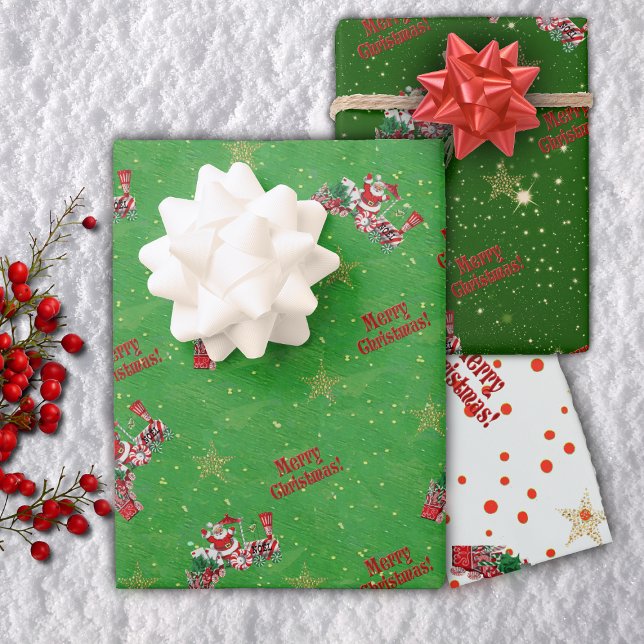 Santa Riding Red Train Gold Stars Merry Christmas Wrapping Paper Sheets (Santa train, Merry Christmas, gold stars on greens & white with red dotted Christmas wrapping paper.)