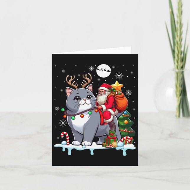 Santa Riding Reindeer British Shorthair Xmas Tree  Card (Front)