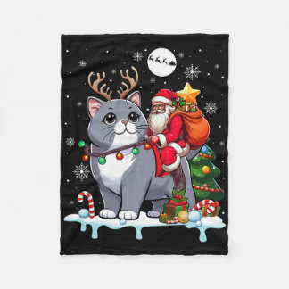 Santa Riding Reindeer British Shorthair Xmas Tree Fleece Blanket