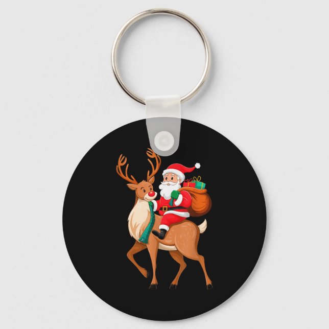 Santa Riding Reindeer Christmas Men Boys Kids Teen Keychain (Front)