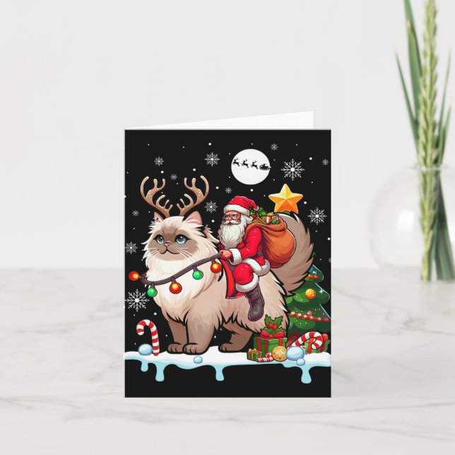 Santa Riding Reindeer Himalayan Cat Xmas Tree Colo Card (Front)