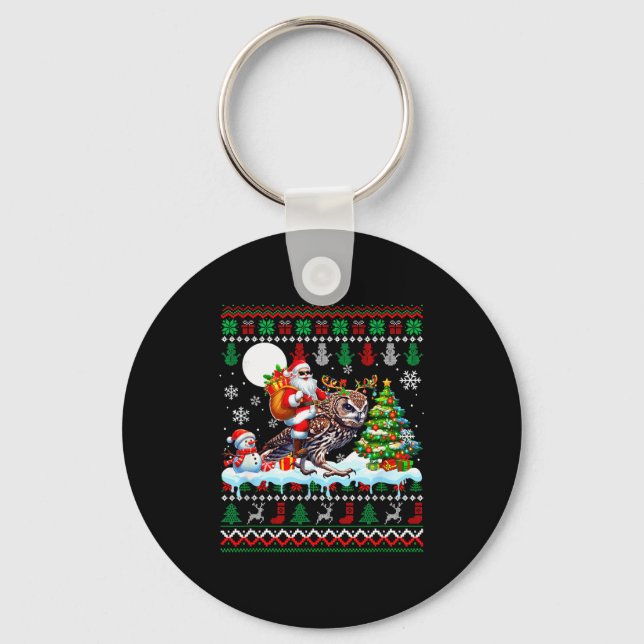 Santa Riding Reindeer Owl Sweater Xmas Tree Snowma Keychain (Front)