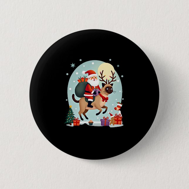 Santa Riding Reindeer Siamese Cat Christmas Tree L Button (Front)