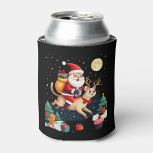 Santa Riding Reindeer Siamese Cat Christmas Tree L Can Cooler