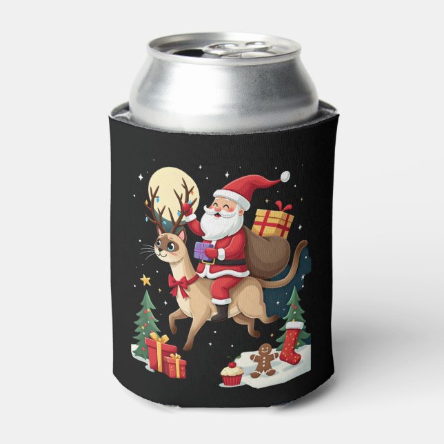 Santa Riding Reindeer Siamese Cat Christmas Tree L Can Cooler (Can Front)
