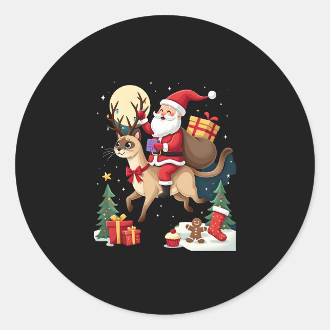 Santa Riding Reindeer Siamese Cat Christmas Tree L Classic Round Sticker (Front)