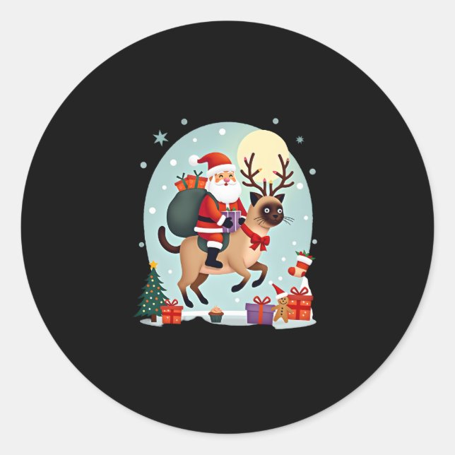 Santa Riding Reindeer Siamese Cat Christmas Tree L Classic Round Sticker (Front)