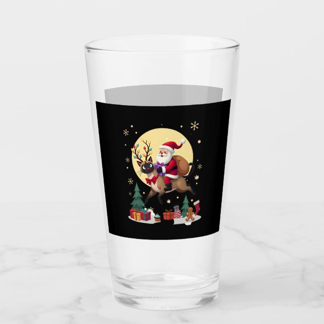 Santa Riding Reindeer Siamese Cat Christmas Tree L Glass (Front)