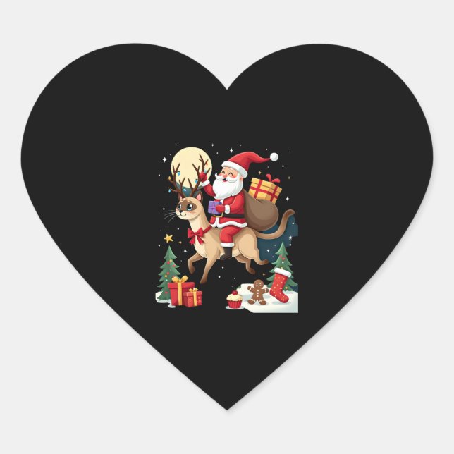 Santa Riding Reindeer Siamese Cat Christmas Tree L Heart Sticker (Front)