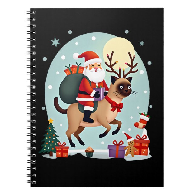 Santa Riding Reindeer Siamese Cat Christmas Tree L Notebook (Front)