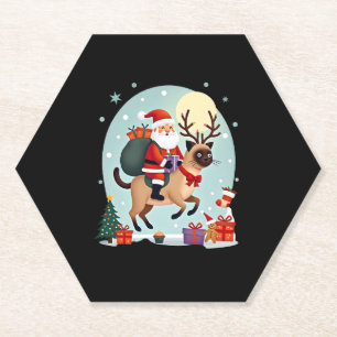 Santa Riding Reindeer Siamese Cat Christmas Tree L Paper Coaster