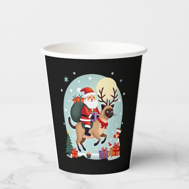 Santa Riding Reindeer Siamese Cat Christmas Tree L Paper Cups (Front)