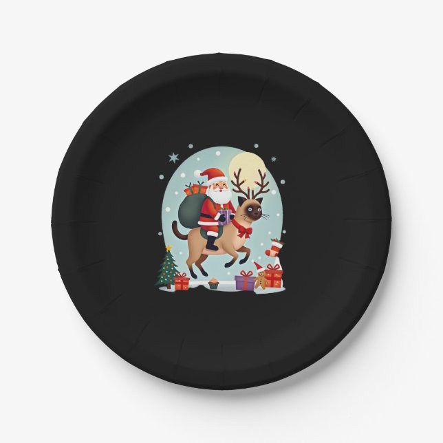 Santa Riding Reindeer Siamese Cat Christmas Tree L Paper Plates (Front)