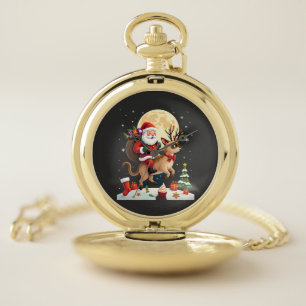 Santa Riding Reindeer Siamese Cat Christmas Tree L Pocket Watch