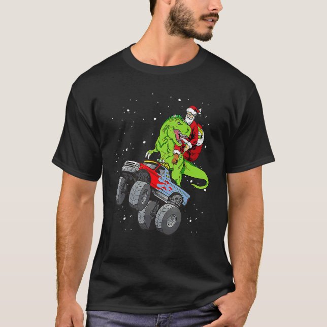 Santa Riding Rex Dinosaur Monster Truck Christmas T-Shirt (Front)