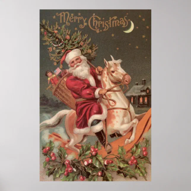 Santa Riding Poster Design santa riding rocking horse vintage art poster | Zazzle