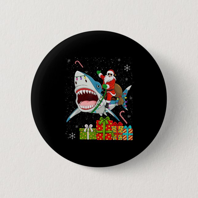 Santa Riding Shark Christmas Pajama Cute Ocean Ani Button (Front)