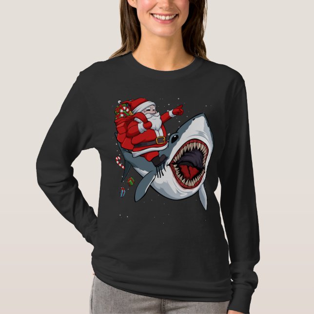 Santa Riding Shark Christmas Pajama Cute Ocean Ani T-Shirt (Front)