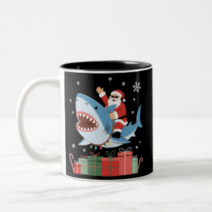 Santa Riding Shark Christmas Pajama Cute Ocean  Two-Tone Coffee Mug
