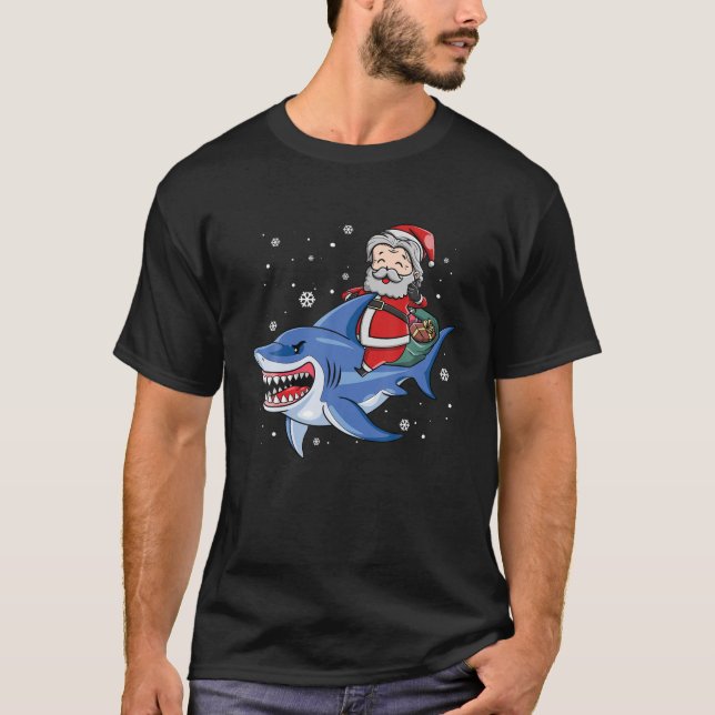Santa Riding Shark Funny Christmas Pajamas For Boy T-Shirt (Front)