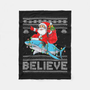 Santa Riding Shark Ugly Christmas Sweater Believe Fleece Blanket