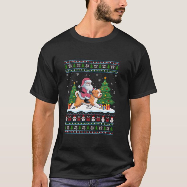 Santa Riding Shichon Dog Tree Lights Ugly Christma T-Shirt (Front)