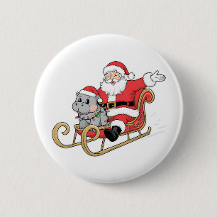 Santa Riding Sleigh with a Moo Deng Baby Hippo Button