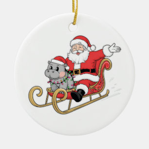 Santa Riding Sleigh with a Moo Deng Baby Hippo Ceramic Ornament