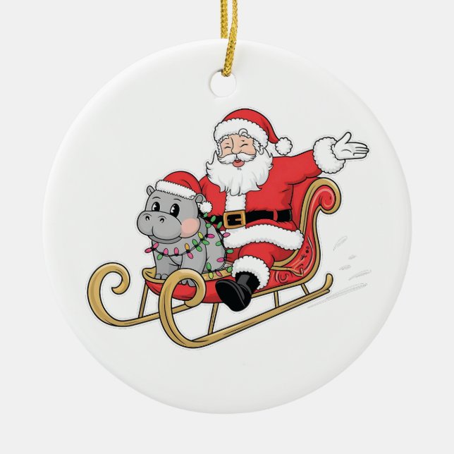 Santa Riding Sleigh with a Moo Deng Baby Hippo Ceramic Ornament (Front)