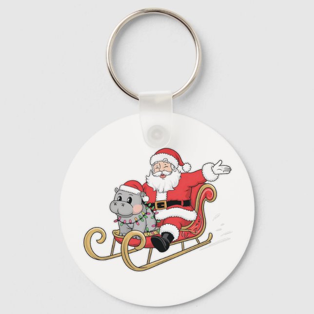 Santa Riding Sleigh with a Moo Deng Baby Hippo Keychain (Front)