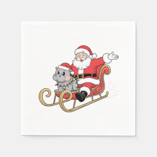 Santa Riding Sleigh with a Moo Deng Baby Hippo Napkins (Front)
