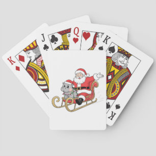 Santa Riding Sleigh with a Moo Deng Baby Hippo Poker Cards
