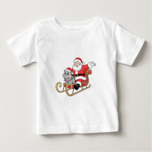 Santa Riding Sleigh with a Moo Deng Baby Hippo T-Shirt