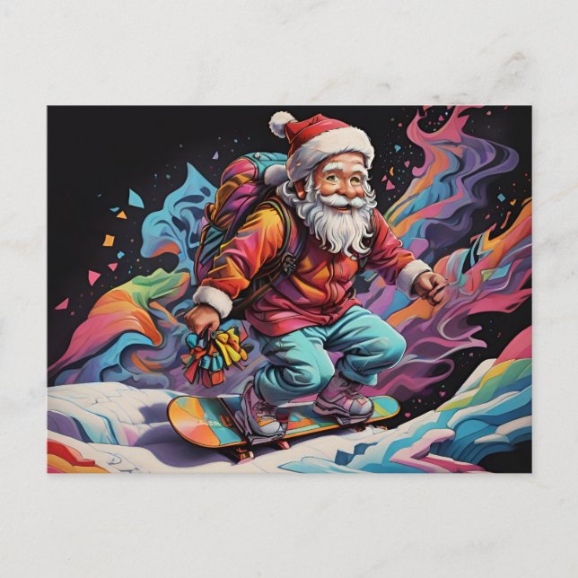 Santa riding snowboard Psychedelic colors Postcard (Front)