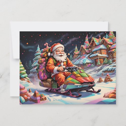 Santa riding snowmobile Psychedelic colors Postcard