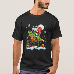 Santa Riding T Rex Christmas Tree Colorful Lights T-Shirt