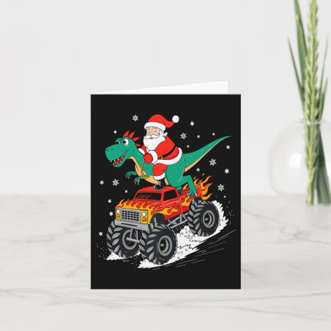 Santa Riding T Rex Dinosaur Monster Truck Boy Chri Card (Front)