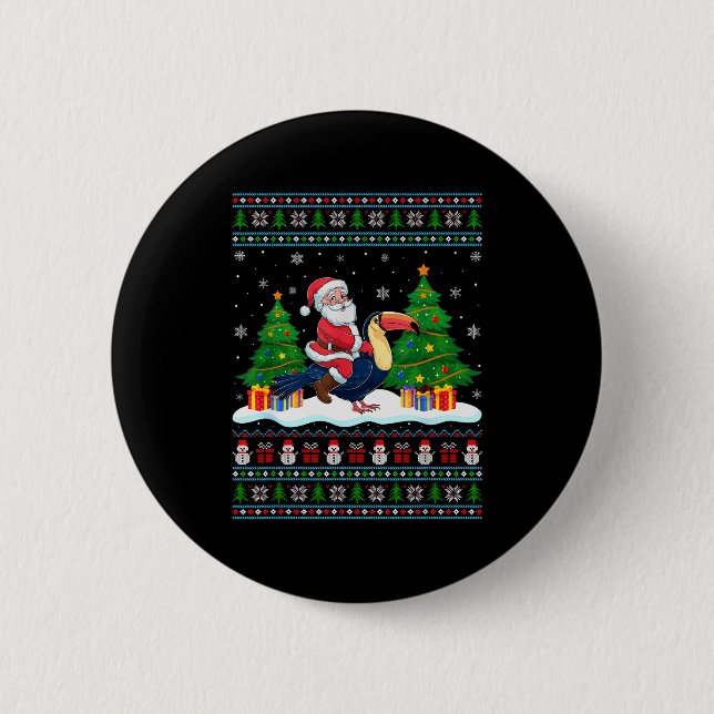 Santa Riding Toucans Tree Lights Ugly Christmas Sw Button (Front)