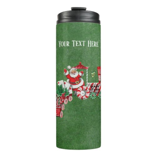 Santa Riding Train With Letters Candy Canes Green Thermal Tumbler