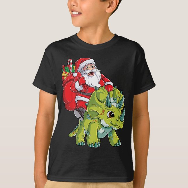 Santa Riding Triceratops Dinosaur Christmas Boys X T-Shirt (Front)