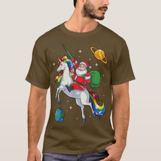 Santa Riding Unicorn Christmas Gifts Rainbow Spac T-Shirt