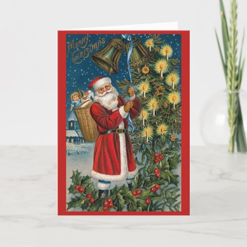 Santa Ringing Bells Vintage Christmas Card