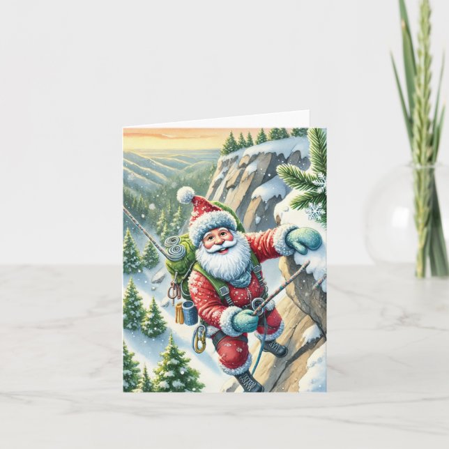 Santa Rock Climbing in Mountains Christmas Card (Front)