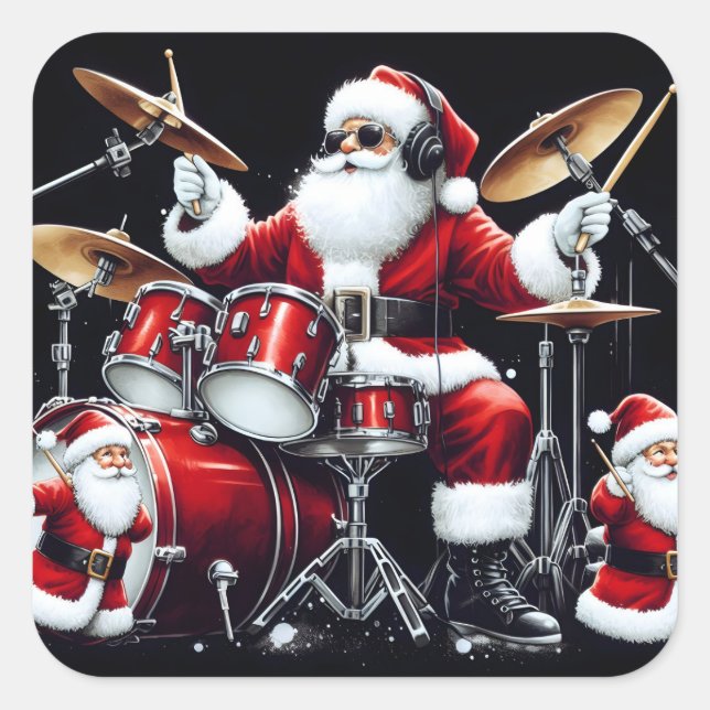 Santa Rocks Christmas Beats on Drums Square Sticker (Front)