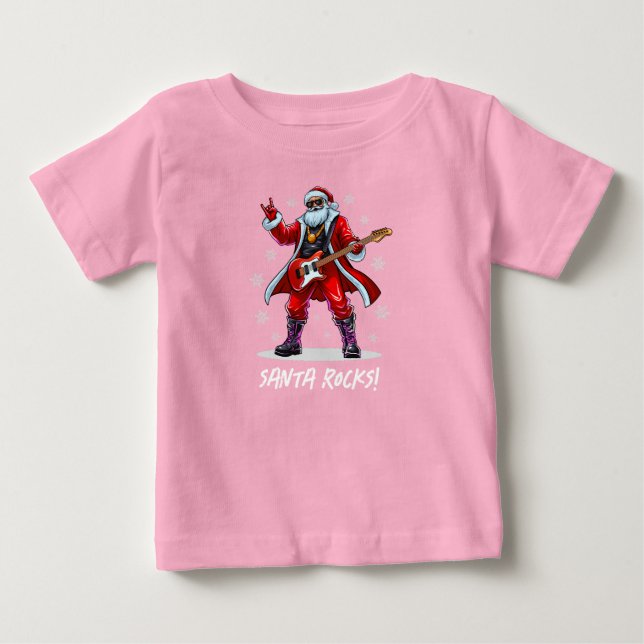 Santa Rocks! Funny Santa Claus playing guitar Baby T-Shirt (Front)