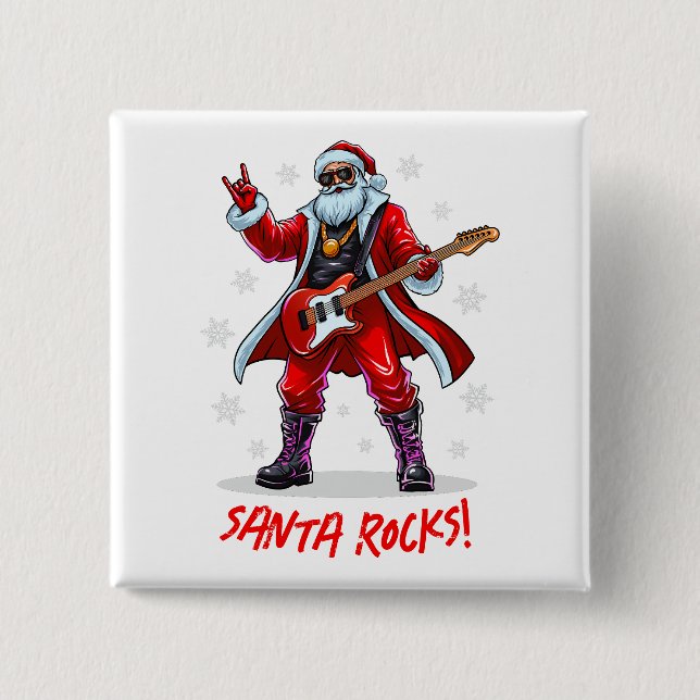 Santa Rocks! Funny Santa Claus playing guitar Button (Front)